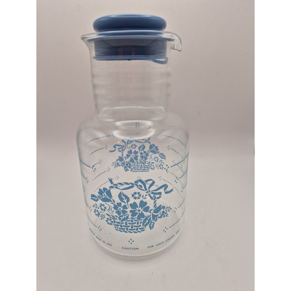 Vintage Pyrex Cornflower Country Blue Glass Juice 2 Qt Carafe W/ Lid